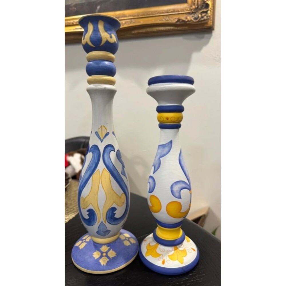 Vintage Hand-Painted Wooden Candlesticks | Mediterranean Style (Set of 2)
